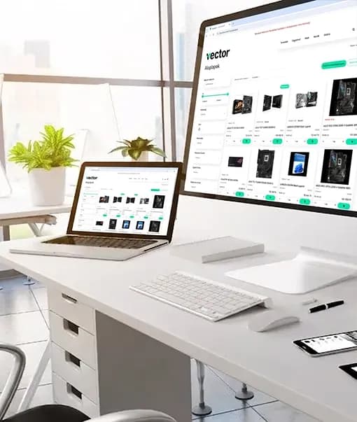 Webshop íróasztalon laptop és monitor billentyűzettel